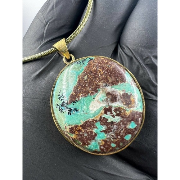 Natural Persian Turquoise Pendant Metal Brass Handmade With Rope - Picture 8 of 12